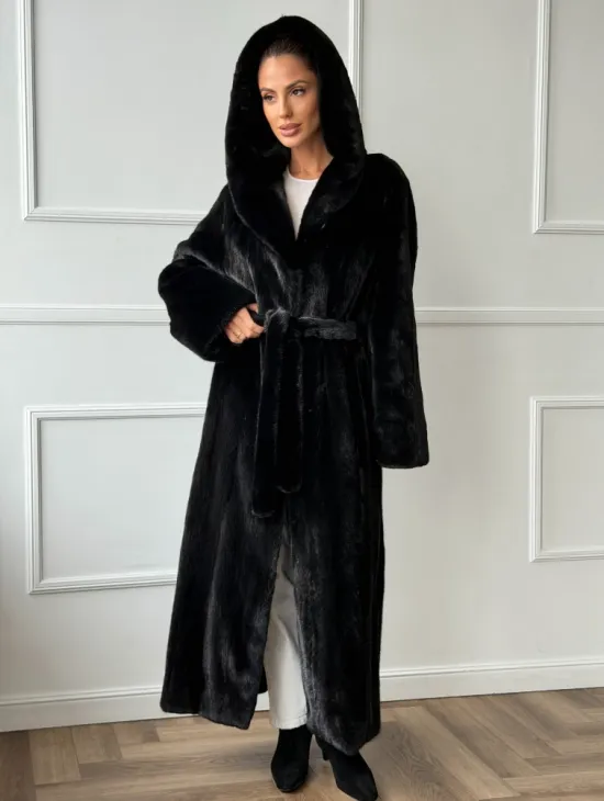 Чёрная норковая шуба модель «кимоно» с капюшоном кобра - фото 8
