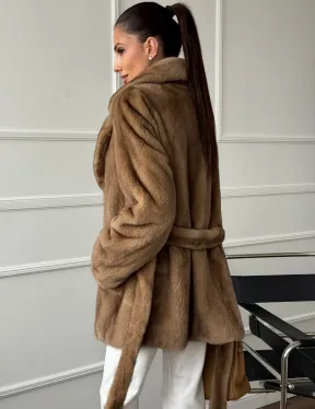 Полушубок норковый пастель с меховым поясом - фото 6