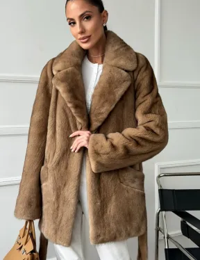 Полушубок норковый пастель с меховым поясом - фото 5