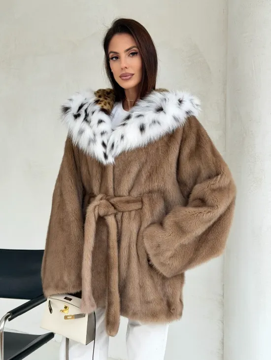 Шуба норковая пастель в роспуск с капюшоном под рысь - фото 8