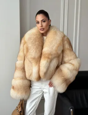 Полушубок-кроп с шалевым воротником из меха песца - фото 10