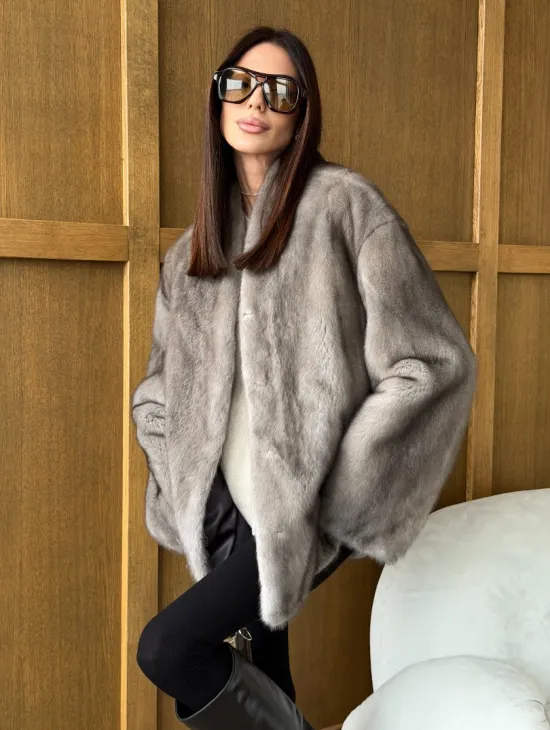 Норковый жакет в натуральном сером цвете - фото 7