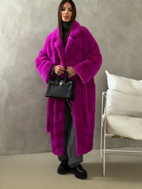 Длинная норковая шуба - цвет фуксия - фото 5