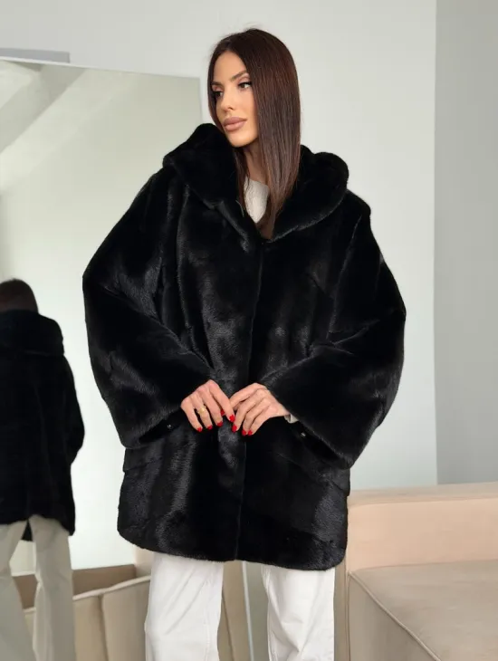 Норка шуба BLACKGLAMA паркет кимоно с капюшоном - фото 8