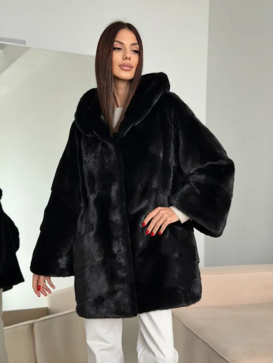 Норка шуба BLACKGLAMA паркет кимоно с капюшоном - фото 10