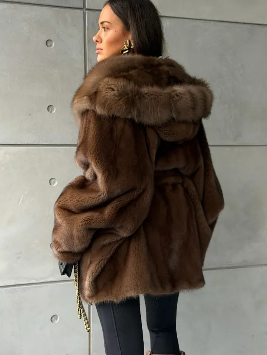 Полушубок норковый летучая мышь - капюшон куница - фото 6