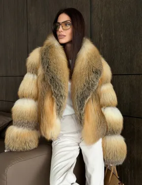 Полушубок-кроп с шалевым воротником из лисы - фото 4