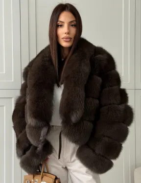 Полушубок-кроп из песца с шалевым воротником - фото 0