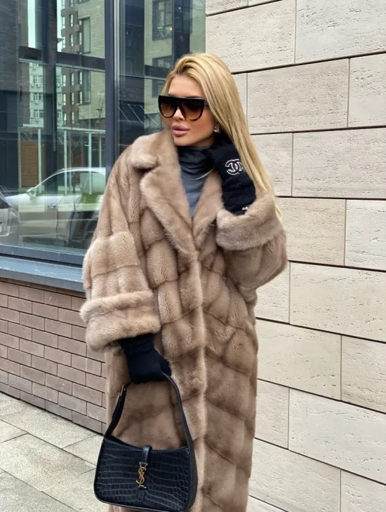 Шуба из датской норки  с английским воротником - цвет палевый - фото 5