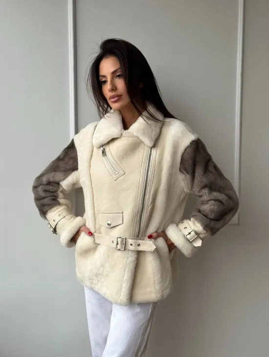 Дубленка из натуральной овчины с рукавами из меха норки - фото 12