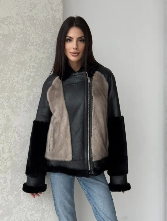 Черная дубленка из овчины с рукавами из меха норки - фото 6