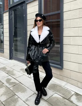 Пуховик с мехом белой норки в черном цвете - фото 3