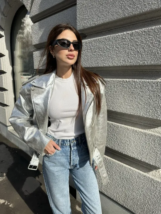 Куртка - косуха из натуральной кожи цвет серебристый - фото 4