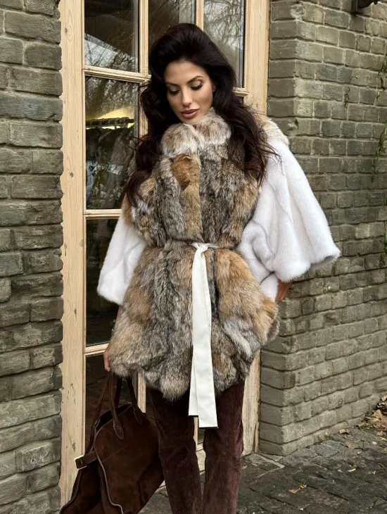 Норковая шуба летучая мышь, отделка из меха рыси - фото 7