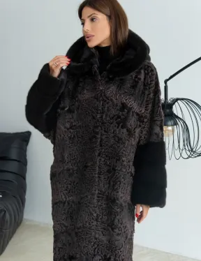 Уголь шуба из каракульчи и норки с капюшоном - фото 1