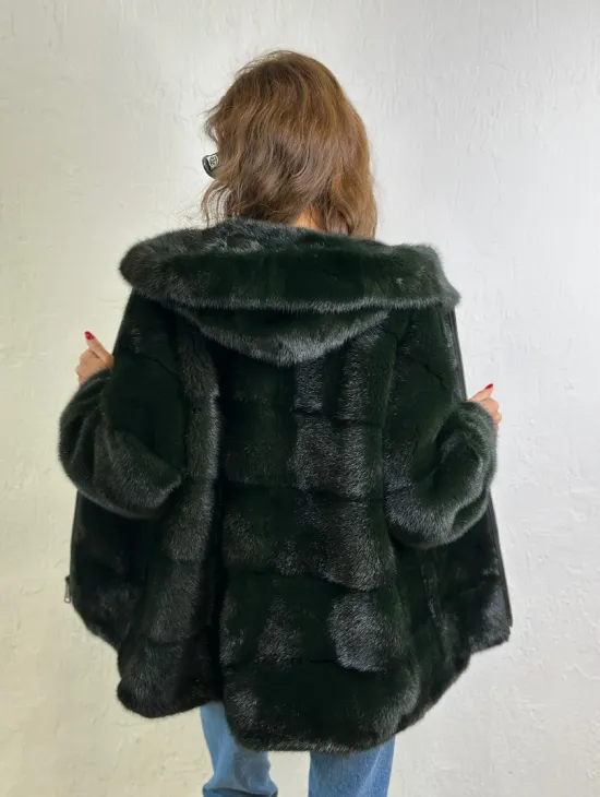 Короткая норковая шуба на молнии - цвет темный изумруд - фото 4