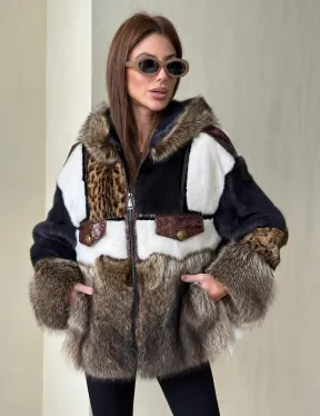 Комбинированная норковая куртка с капюшоном - фото 0