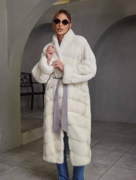 Норковая шуба паркет, воротник - отворот цвет жемчуг - фото 0