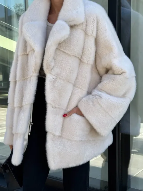 Короткая норковая шуба с английским воротником - цвет ваниль - фото 1