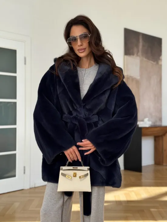 Шуба летучая мышь с капюшоном цвет аквамарин - паркетная раскладка - фото 9