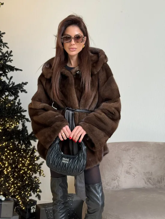 Норковый жакет с капюшоном, роспуск в цвете орех - фото 5