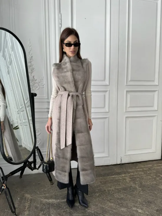 Пальто с мехом норки цвет серый - фото 4