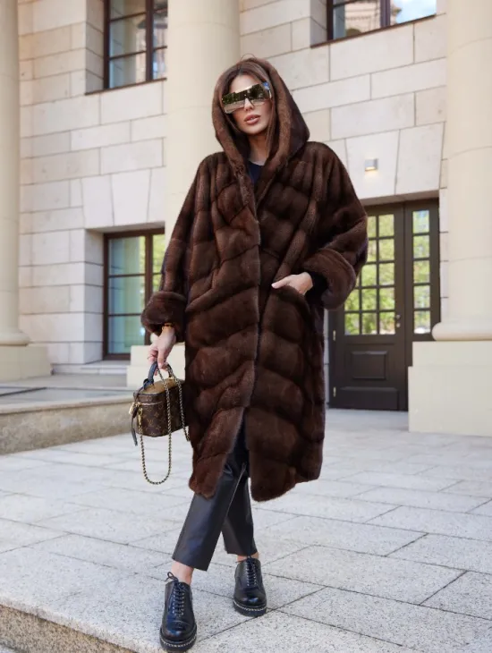 Шуба норковая с капюшоном - цвет соболь - фото 0